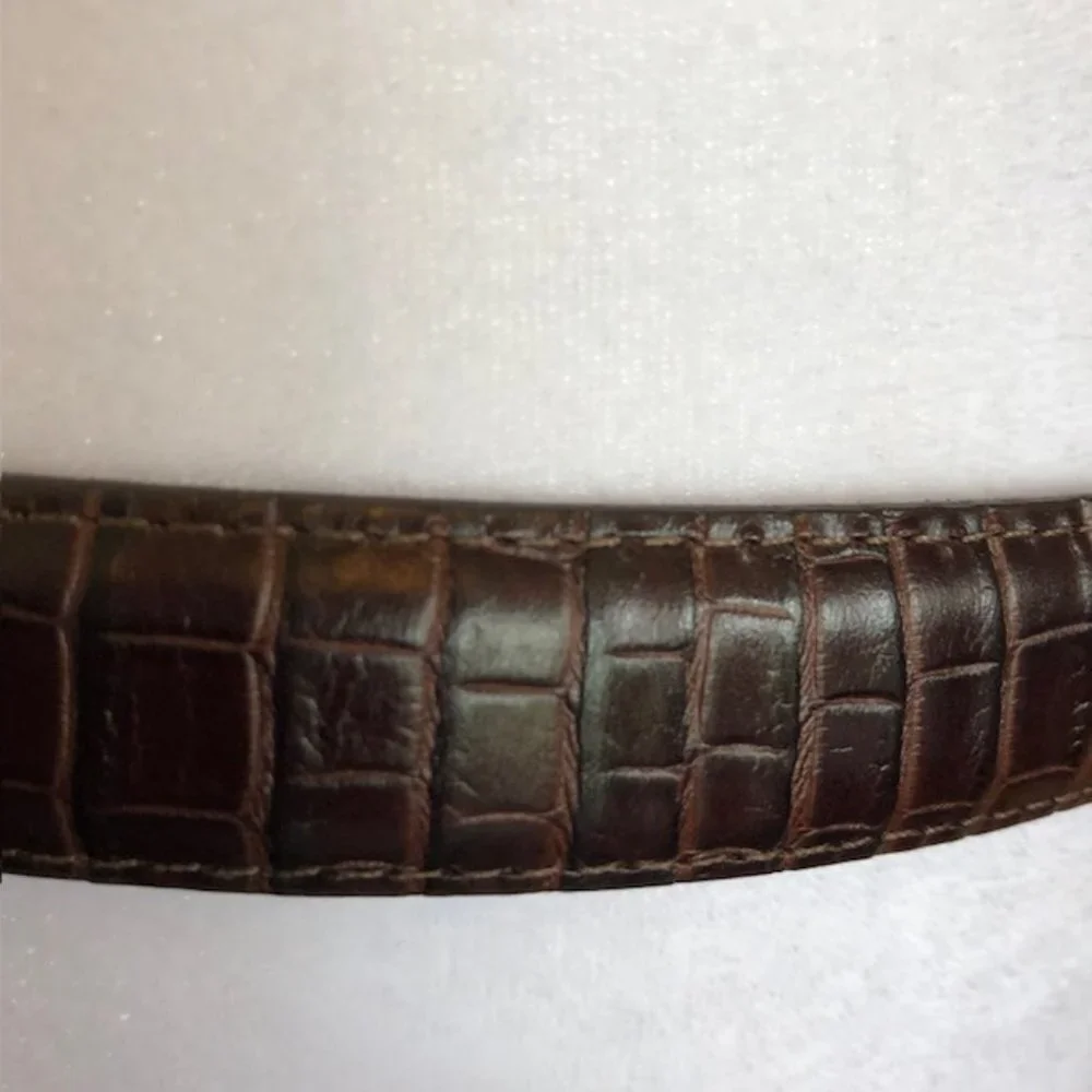 TALBOTS Crocodile Print Brown Western Silver Scroll Buckle Belt Large